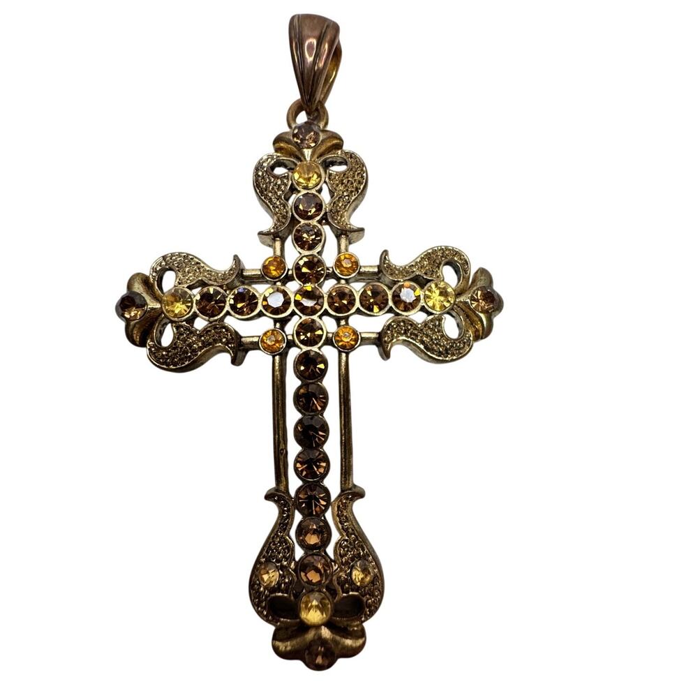 Vtg Renaissance Revival Amber & Champagne Rhinestone Large Filigree Cross Charm